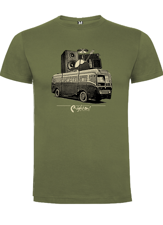 RightOn! Play Loud Music Bus Design T-shirt in Khaki Green Color